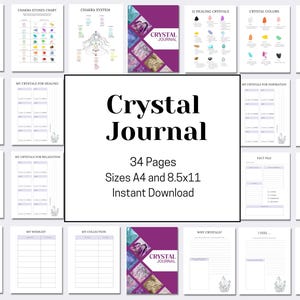 Könnte beinhalten: Eine Sammlung druckbarer Kristall-Journal-Seiten, darunter Diagramme, Arbeitsblätter und Anleitungen. Das zentrale Bild zeigt den Titel "Crystal Journal" mit den Details: 34 Seiten, A4- und 8,5x11-Formate und sofortiger Download.
