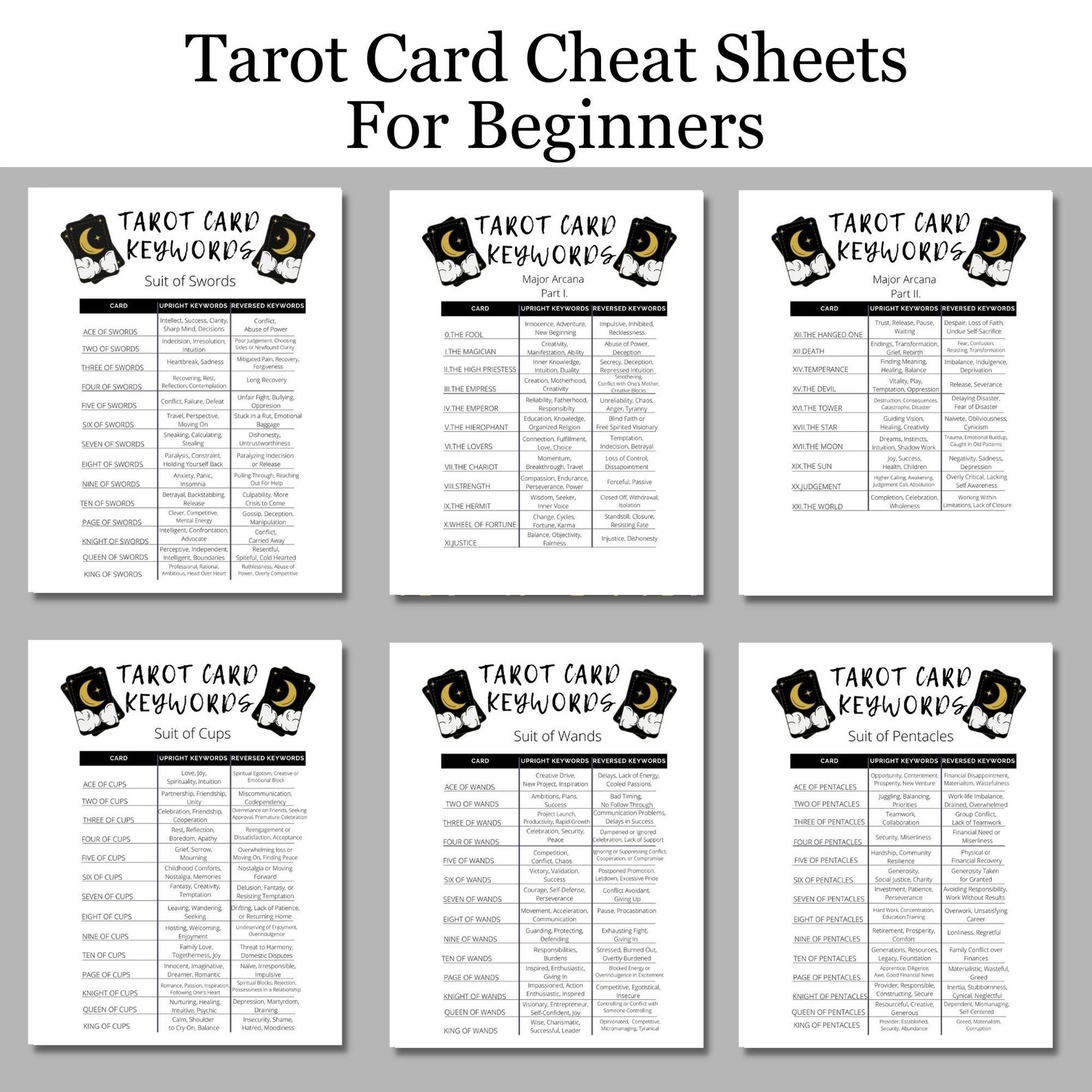Tarot Card Cheat Sheets | Tarot Meanings Printable | Beginner Tarot ...