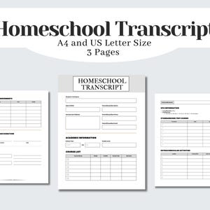 Puede incluir: Plantilla de transcripción de escuela en casa con el título "Homeschool Transcript" en negrita, fuente negra. El documento está disponible en tamaños A4 y US Letter e incluye 3 páginas. Las páginas incluyen secciones para información del estudiante, registros académicos y actividades extracurriculares.
