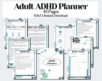 Può includere: Un pianificatore ADHD per adulti con 45 pagine, disponibile per il download immediato. Il pianificatore include sezioni per controlli giornalieri, diario della gratitudine, aggiornamenti settimanali e suggerimenti per l'organizzazione. La copertina presenta il testo "ADHD Planner".