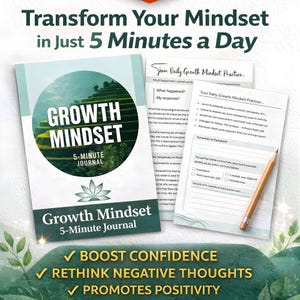 Może przedstawiać: Dziennik zatytułowany "Growth Mindset 5-Minute Journal" ze zdjęciem krajobrazu na okładce. Dziennik jest otwarty, aby pokazać wewnętrzne strony i ołówek. Tekst na okładce brzmi "Zmień swoje nastawienie w zaledwie 5 minut dziennie".