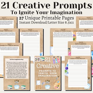 Creative Art Journal Prompts Printable, 21 Day Creativity Challenge, Art Therapy Journal Pages, Creative Writing Prompts PDF Download