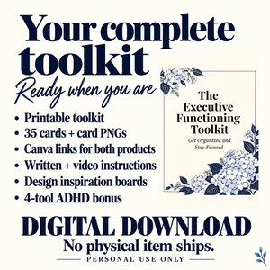 Pu&ograve; includere: Un kit di download digitale con il testo Your complete toolkit Ready when you are, The Executive Functioning Toolkit, Get Organized and Stay Focused, e un elenco di contenuti che include 35 carte, link Canva e istruzioni video.