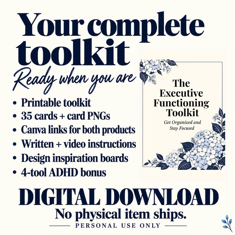 Pu&ograve; includere: Un kit di download digitale con il testo Your complete toolkit Ready when you are, The Executive Functioning Toolkit, Get Organized and Stay Focused, e un elenco di contenuti che include 35 carte, link Canva e istruzioni video.