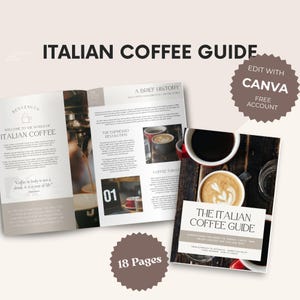 Può includere: Una guida sul caffè italiano aperta con il titolo "Italian Coffee Guide" e il testo "Welcome to the World of Italian Coffee". La guida presenta immagini di caffè e il testo "18 Pages".