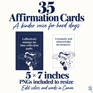 Pu&ograve; includere: Un set di 35 carte di affermazione che misurano 5 per 7 pollici. Le carte presentano disegni blu scuro e bianchi con testo che include 'I effectively manage my time with clear goals' e 'I recognize and acknowledge my progress.' PNG inclusi.