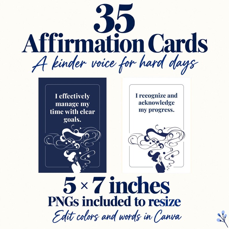 Pu&ograve; includere: Un set di 35 carte di affermazione che misurano 5 per 7 pollici. Le carte presentano disegni blu scuro e bianchi con testo che include 'I effectively manage my time with clear goals' e 'I recognize and acknowledge my progress.' PNG inclusi.