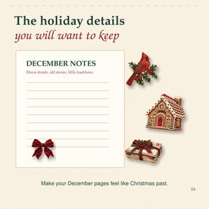 Op de afbeelding: Een cr&egrave;mekleurige pagina met de titel The holiday details you will want to keep en DECEMBER NOTES met de tekst Warm drinks, old stories, little traditions. Het bevat een rode kardinaal, een peperkoekhuisje, brieven en een rode strik.