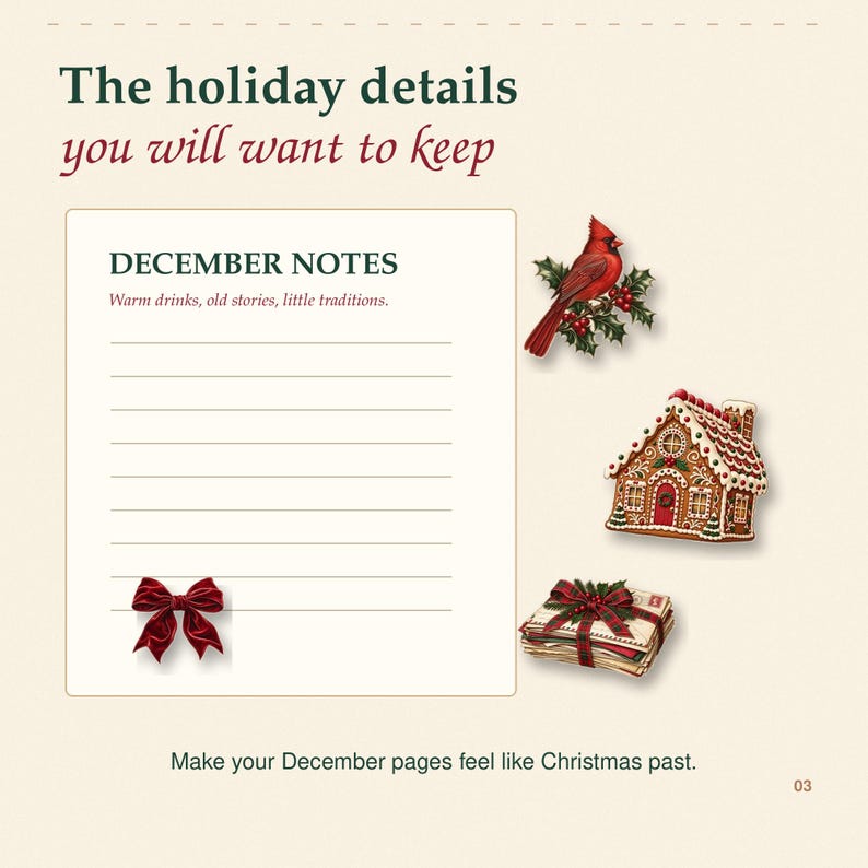 Op de afbeelding: Een cr&egrave;mekleurige pagina met de titel The holiday details you will want to keep en DECEMBER NOTES met de tekst Warm drinks, old stories, little traditions. Het bevat een rode kardinaal, een peperkoekhuisje, brieven en een rode strik.