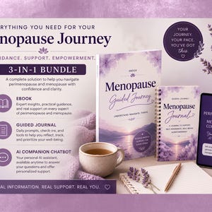 May include: A 3-in-1 menopause bundle featuring an ebook titled Menopause Guided Journey, a spiral-bound journal, and a tablet displaying an AI companion chatbot. The set includes a ceramic mug, a pen, and lavender sprigs on a desk surface.