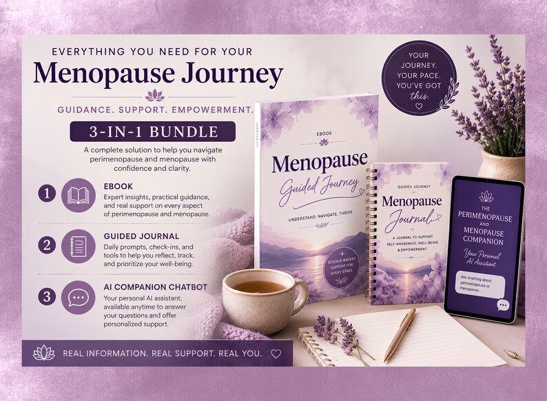 May include: A 3-in-1 menopause bundle featuring an ebook titled Menopause Guided Journey, a spiral-bound journal, and a tablet displaying an AI companion chatbot. The set includes a ceramic mug, a pen, and lavender sprigs on a desk surface.
