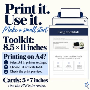 Pu&ograve; includere: Un documento toolkit digitale intitolato Using Checklists con sezioni sull'importanza di questa competenza, le possibili difficolt&agrave; e l'identificazione delle esigenze. Il testo include istruzioni di stampa per formati da 8,5 per 11 pollici e 5 per 7 pollici.