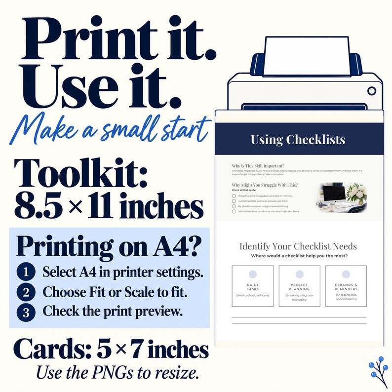 Pu&ograve; includere: Un documento toolkit digitale intitolato Using Checklists con sezioni sull'importanza di questa competenza, le possibili difficolt&agrave; e l'identificazione delle esigenze. Il testo include istruzioni di stampa per formati da 8,5 per 11 pollici e 5 per 7 pollici.