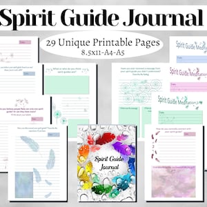 May include: A Spirit Guide Journal printable set featuring 29 pages in 8.5x11, A4, and A5 sizes. The collection includes various lined templates with prompts, pastel-coloured accents, feather illustrations, and a cover page with a colourful feather wreath.