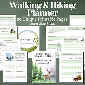 Könnte beinhalten: Ein druckbarer Planer zum Wandern und Wandern mit 30 einzigartigen Seiten. Das Cover zeigt eine Aquarell-Illustration eines Hirsches in einer Waldlandschaft. Der Planer enthält Seiten zum Verfolgen von Wanderungen, Planen von Wanderungen und zum Führen eines Tagebuchs.