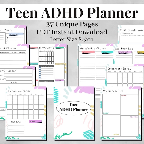 ADHD Planner, adhd daily planner, teens planner, adhd printable, adhd journal, adhd tools, student planner, adhd to do list, PDF