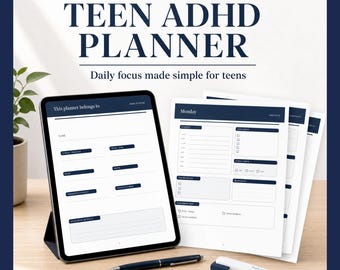 10代のADHD向けプランナー（印刷可能）、ADHD学生向け学校プランナー、日々の週ごとの整理帳、宿題と集中力トラッカー（PDF）