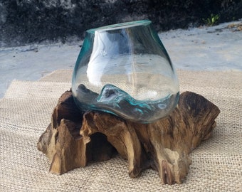 Glass wood terrarium, Glass vase on root wood, Large Terrarium Glass Vase Bowl on Root Wood Hand Blown Recycled Glass, Succulent Planter