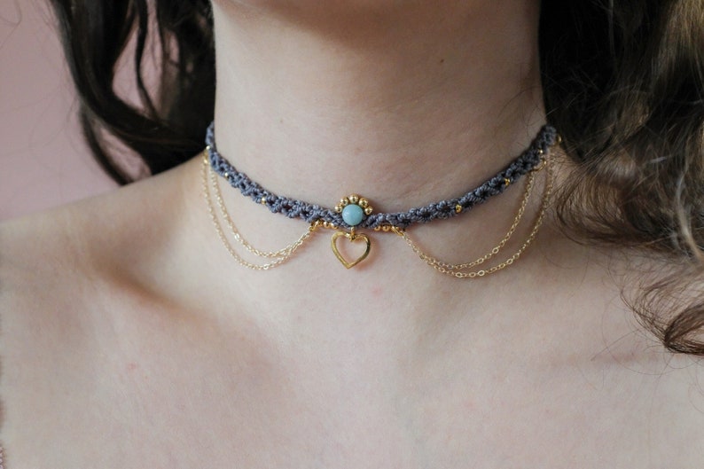 Makramee Choker mit Herz Anhänger und Gliederketten