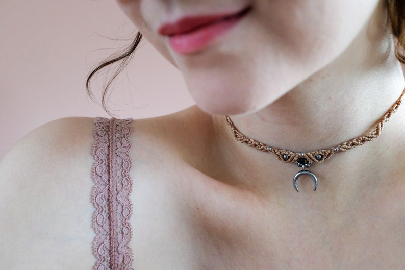 Boho choker with moon in silver Macrame Marea Necklace image 5