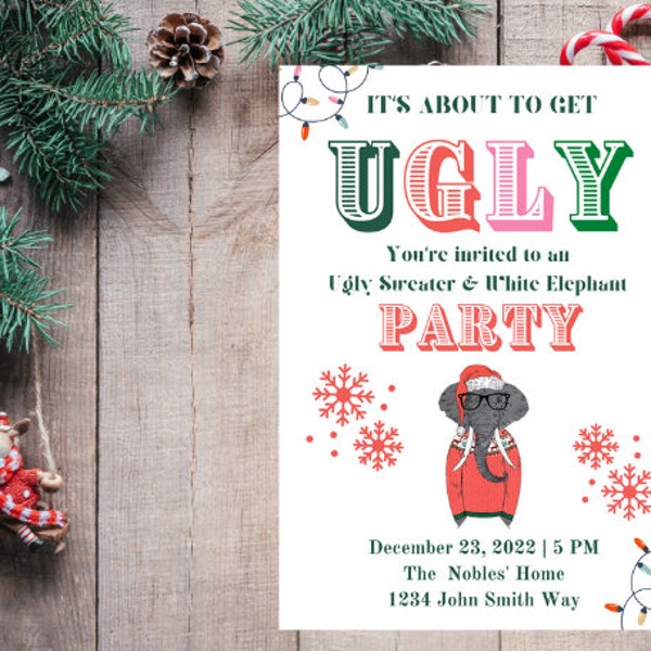Christmas Party Invitation Template White Elephant and Ugly Sweater Adult Christmas Party Invitation Printable Digital Download