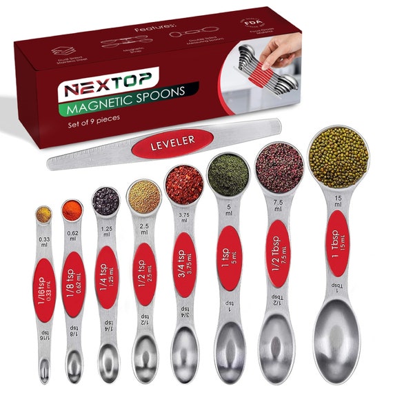 Magnetic Measuring Spoons Set of 9 Stainless Steel Dual Sided Stackable Measuring  Spoon Nesting Teaspoons Dry and Liquid Ingredients RED 