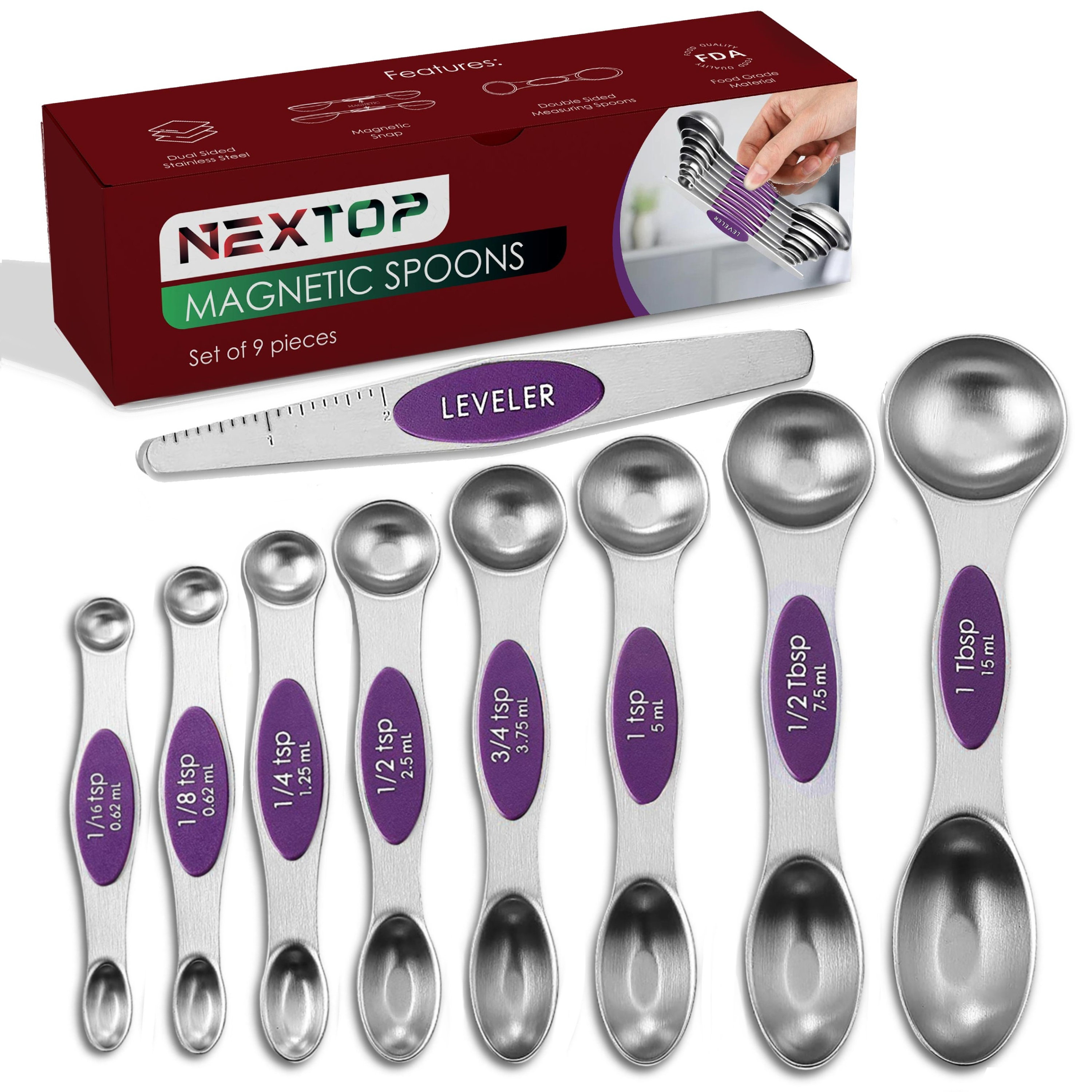 Magnetic Measuring Spoons Set, Stainless Steel Dual Sided Spoons