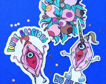 Vulva Sticker Set, Holographic Vagina Sticker, Bosom Friend Illustration, Feminism, Vinyl Laptop Sticker, Best Friend Gift