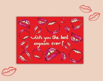 red lip postcard, orgasm statement greeting card, best wishes card, mouth illustration, feminist birthday card, Valentine's Day