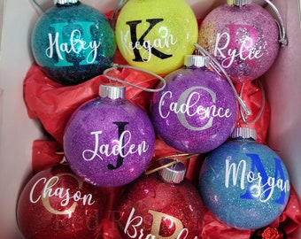 Personalized Glitter Christmas Ornament, Name Ornament, Custom Christmas Gifts, Christmas Monogram Ornament, Kids Glitter Ball Name Ornament