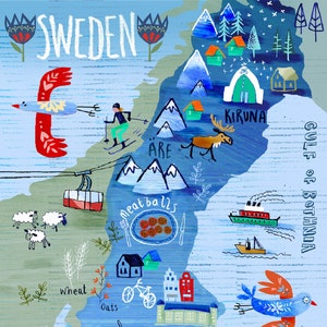 Schweden Illustrierte Karte Geschenk-Giclee Print Illustrierte Karte Stockholm Kunst Ostsee Illustration Malmö Wandkunst Öresundstraße