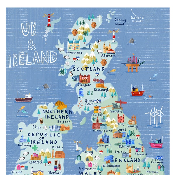 UK Illustrated Map-Giclee Print. UK Illustrated map. UK poster art. Uk map gift. Hand drawn map. England Ireland Scotland Wales Map