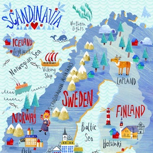 Scandinavia Illustrated Map gift- Giclee Print Illustrated map. Sweden art Norway Iceland map Finland map Denmark map wall art
