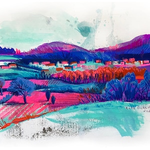 Wall decor art print Landscape wall Art. Bramcote Hills. Contemporary scenic print. Illustrated scene digital print