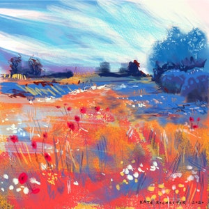 Giclee print Landscape wall Art. 30 cms x 30 cms Maywood Meadow. Contemporary scenic print. Illustrated scene digital print,  Wall decor