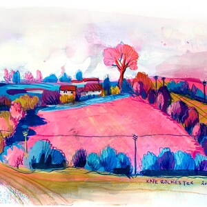 Wall decor art print Landscape wall Art. Pink Field. Contemporary scenic print. Illustrated scene digital print