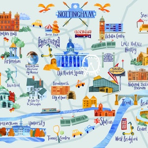 Impression giclée de carte illustrée de Nottingham Carte illustrée de Nottingham, art de la rivière Trent, illustration de Nottingham, art mural de Nottingham, cadeau dessiné à la main