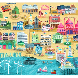 Carte illustrée de Brighton et Hove - Impression jet d'encre Carte illustrée Illustration de Brighton et Hove Art mural de Brighton Carte dessinée à la main