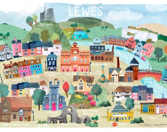 Lewes Illustrated Map-Giclee Print Illustrated map Lewes art River Ouse  Lewes wall art Hand drawn map gift art