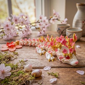Articulated Cherry Blossom Dragon | 3D Printed High-Res Desk Pet | Matte Silk Floral Fidget