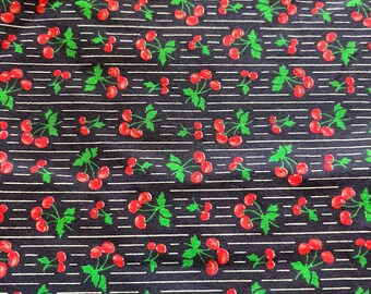 1/2 Yd Vintage All Over Cherry Stripe Print on Blue Cotton Fabric by  Fabric Traditions