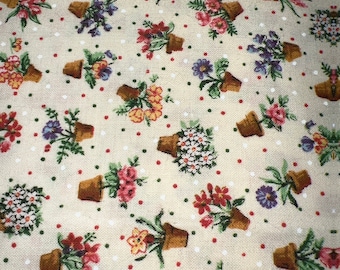 1/2 yd Vintage Allover Flower Pot Print Cotton Fabric