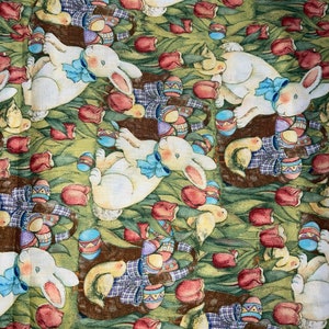 3/4 Allover Easter Rabbits Bunnies With Baskets and Flowers Cotton Fabric