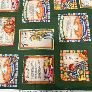 May include: A dark green fabric featuring a repeating pattern of rectangular blocks with illustrations of autumn-themed recipes, pumpkins, and harvest motifs. Each block contains text detailing ingredients and instructions for dishes like pumpkin pie.