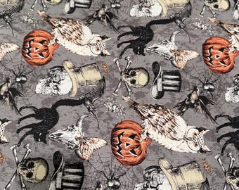17” Spider Skull Owl Allover Halloween Print Cotton fabric by Joann’s