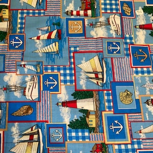 1/2 Yd Vintage Sailboat & Lighthouse by Fabric Traditions Cotton Fabric