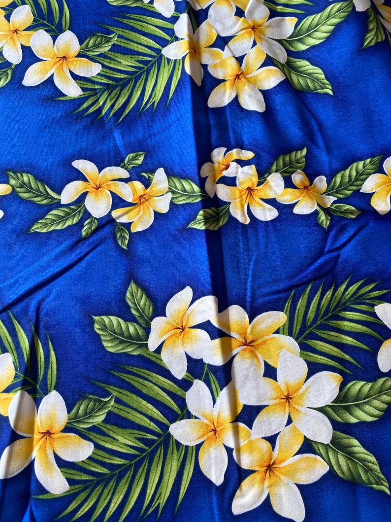 Yellow Tropical Floral Hawaiian Fabric – Monstera & Plumeria – Polycotton main image 1