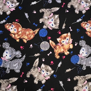 1/2 Yd Michael Miller “Playmates” Retro Kitten Puppy Print Cotton Fabric