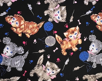 1/2 Yd Michael Miller “Playmates” Retro Kitten Puppy Print Cotton Fabric