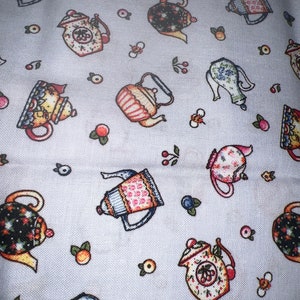 Small Fat Quarter Mary Engelbreit Fabric Teapot on Blue Cotton Quilt Fabric